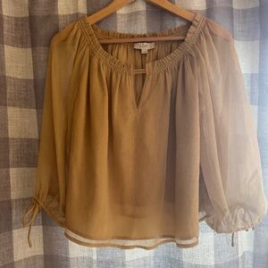 Loft Tan/Sand Blouse with Sheer Sleeves
